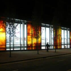 Stained glass window on Sainsbury's store in Milton Keynes by Mel Howse Vitreous Art. An exhibitor at Craftworks.