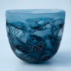 Black sea blue fish bowl by E+M Glass. An exhibitor at Craftworks.