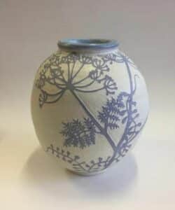 Blue and white vase by Jonquil Cook. An exhibitor at Craftworks.