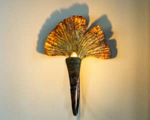 Forged metal Ginkgo wall light by Willow Bloomfield. An exhibitor at Craftworks.
