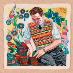 Embroidered picture of a man gardening by Darren Ball. An exhibitor at Craftworks. Darren Ball is represented at Craftworks by Design-Nation.